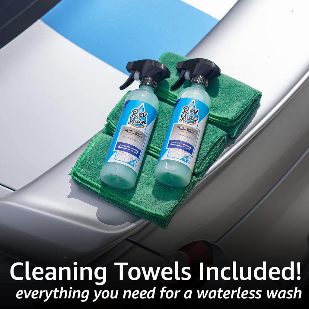 Waterless Car Wash Kit - Cleans Vehicles without Water Source/Includes Two 16Oz Waterless Wash Spray Cleaner and Microfiber Towels | Car Exterior Cleaner | No Rinse Car Wash Cleaning Spray