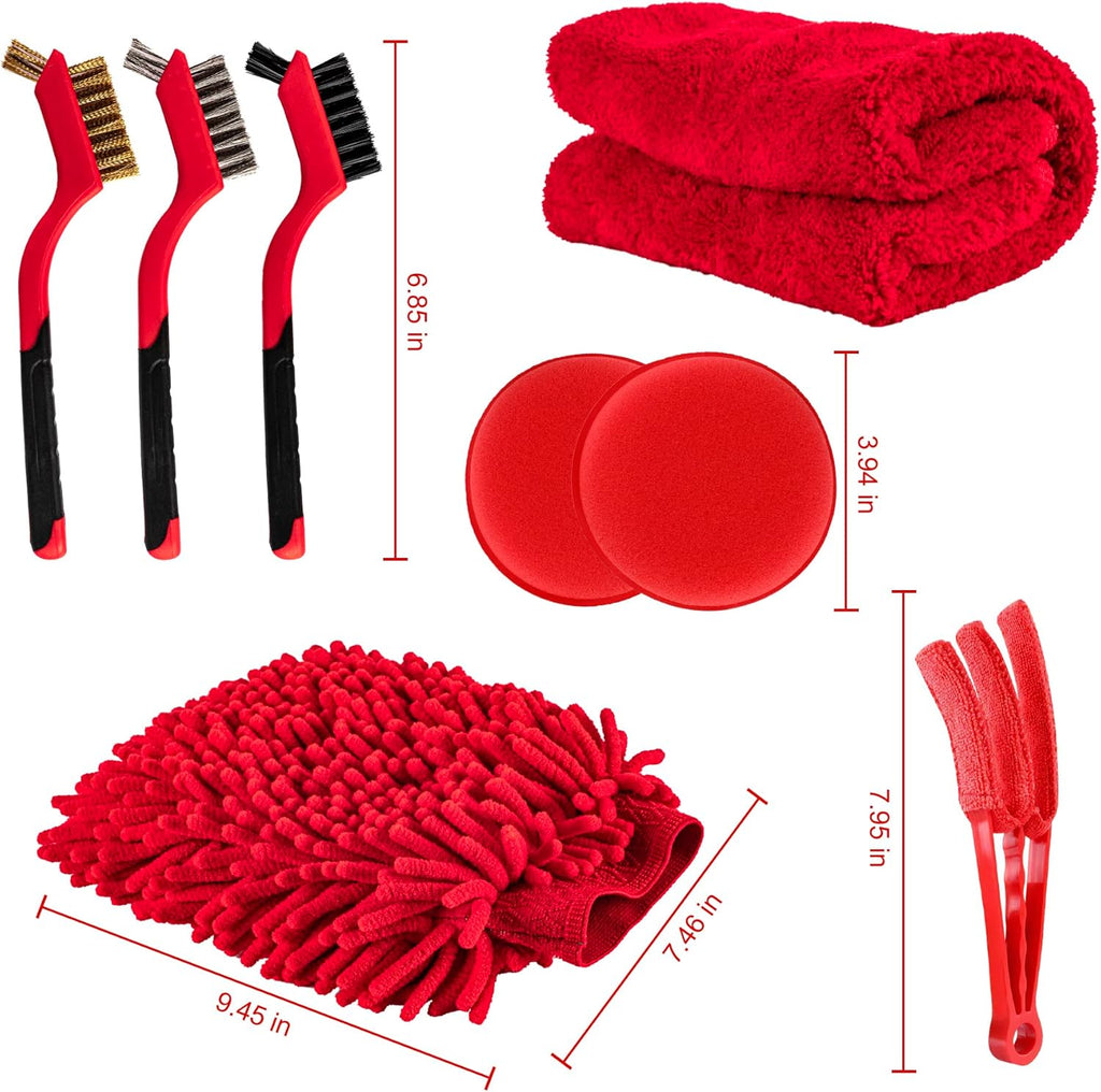 18 PCS Car Cleaning Tools Kit, Car Detailing Brush Set with Driller Attachment Set, Car Wash Kit, Car Cleaning Brushes for Cleaning Interior, Exterior, Wheels, Etc. (Red)