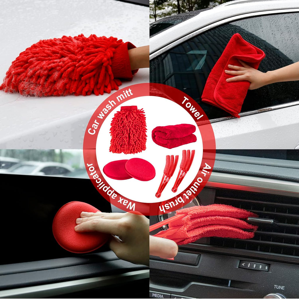 18 PCS Car Cleaning Tools Kit, Car Detailing Brush Set with Driller Attachment Set, Car Wash Kit, Car Cleaning Brushes for Cleaning Interior, Exterior, Wheels, Etc. (Red)