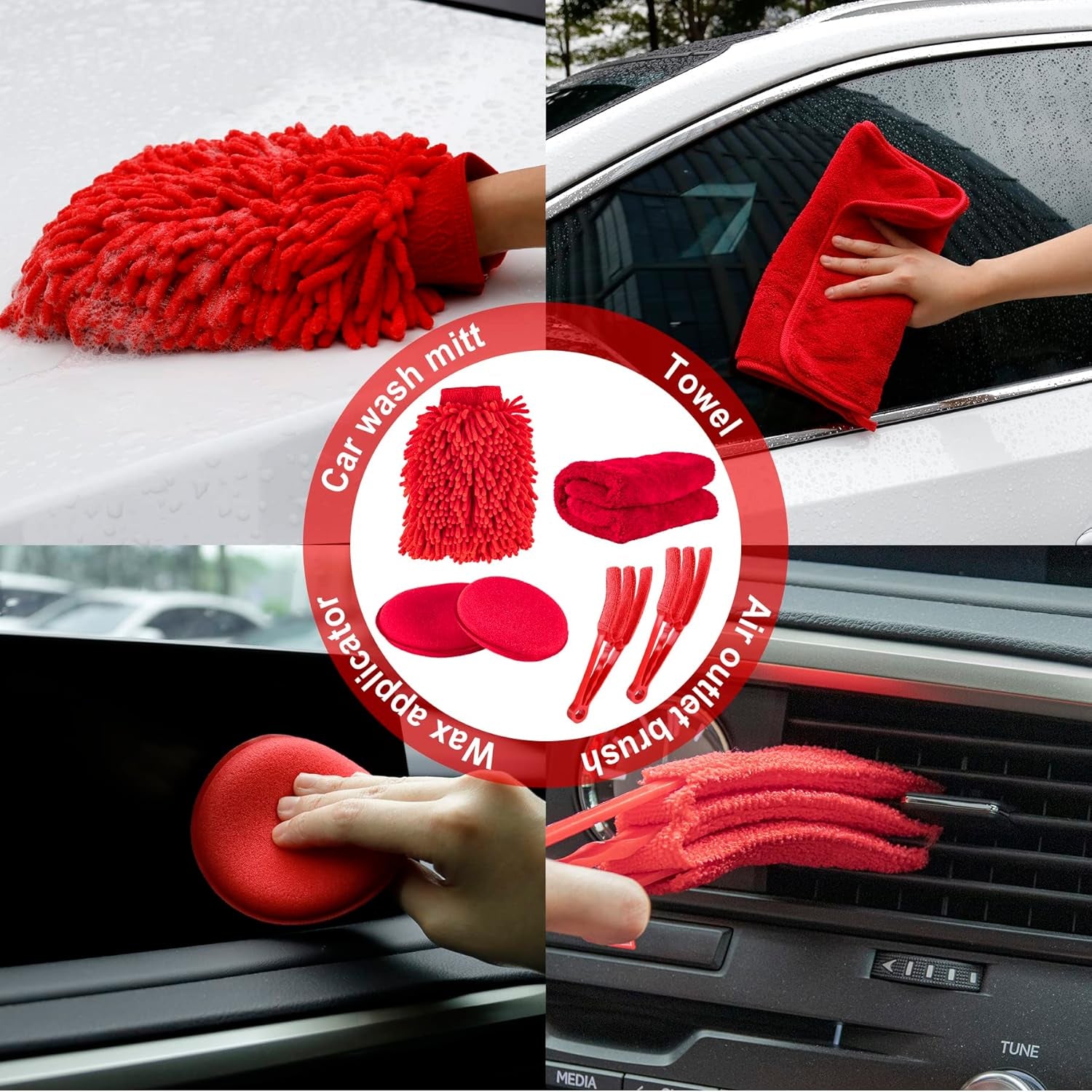 18 PCS Car Cleaning Tools Kit, Car Detailing Brush Set with Driller Attachment Set, Car Wash Kit, Car Cleaning Brushes for Cleaning Interior, Exterior, Wheels, Etc. (Red)