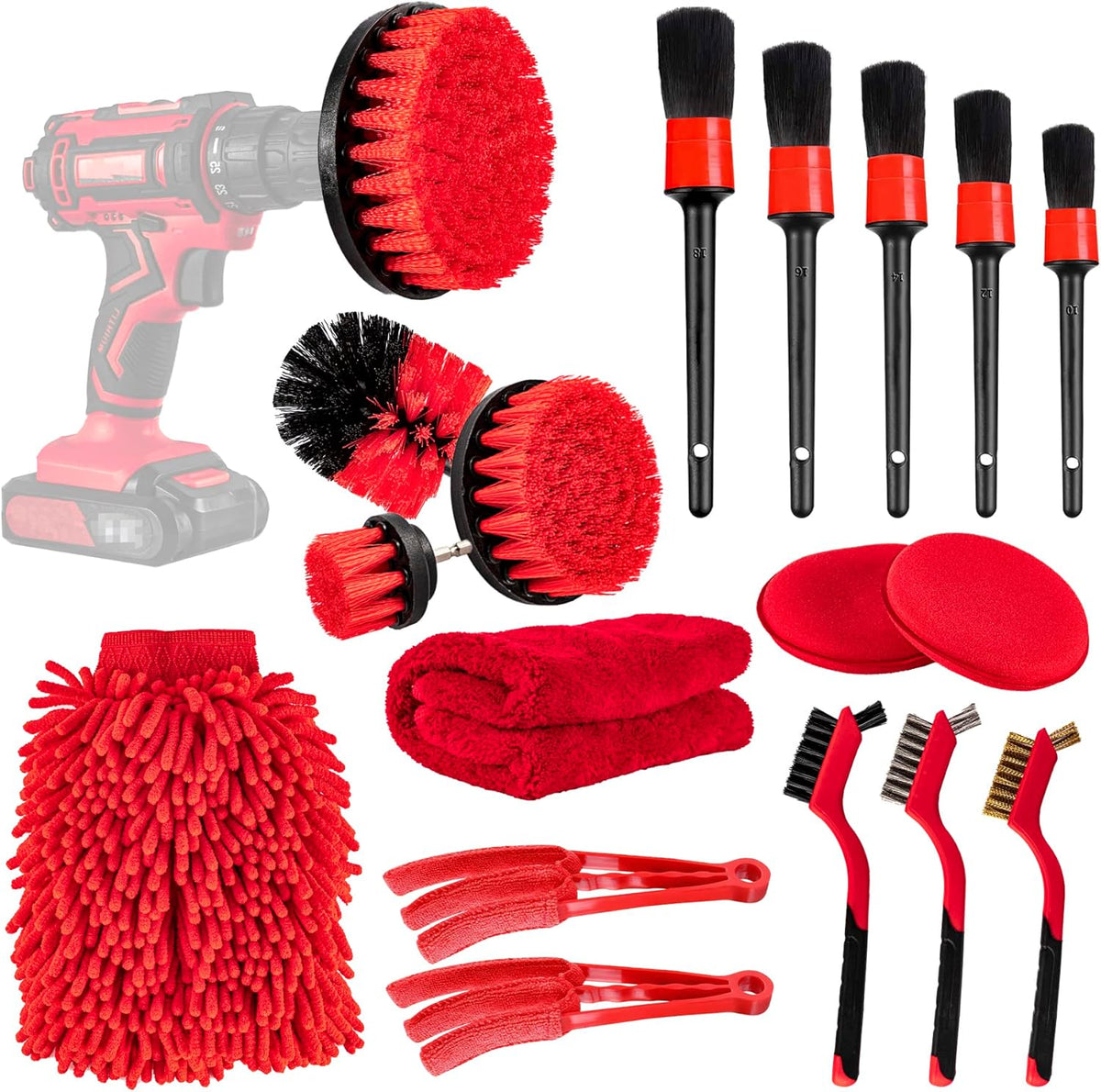 18 PCS Car Cleaning Tools Kit, Car Detailing Brush Set with Driller Attachment Set, Car Wash Kit, Car Cleaning Brushes for Cleaning Interior, Exterior, Wheels, Etc. (Red)