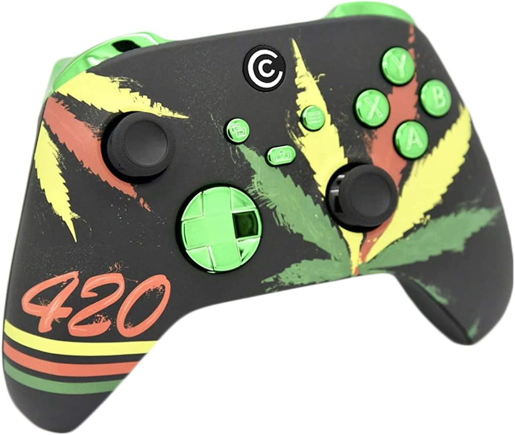 Designer Series Custom Wireless Controller for Xbox Series X/S, Xbox One, & PC - Multiple Designs Available (420 & Green Chrome Inserts)