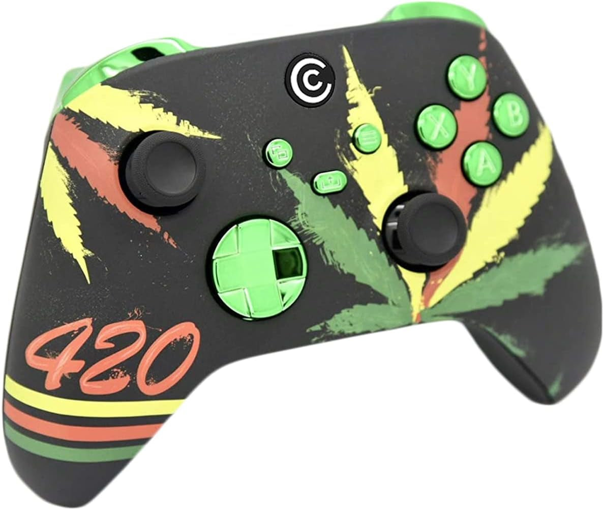 Designer Series Custom Wireless Controller for Xbox Series X/S, Xbox One, & PC - Multiple Designs Available (420 & Green Chrome Inserts)