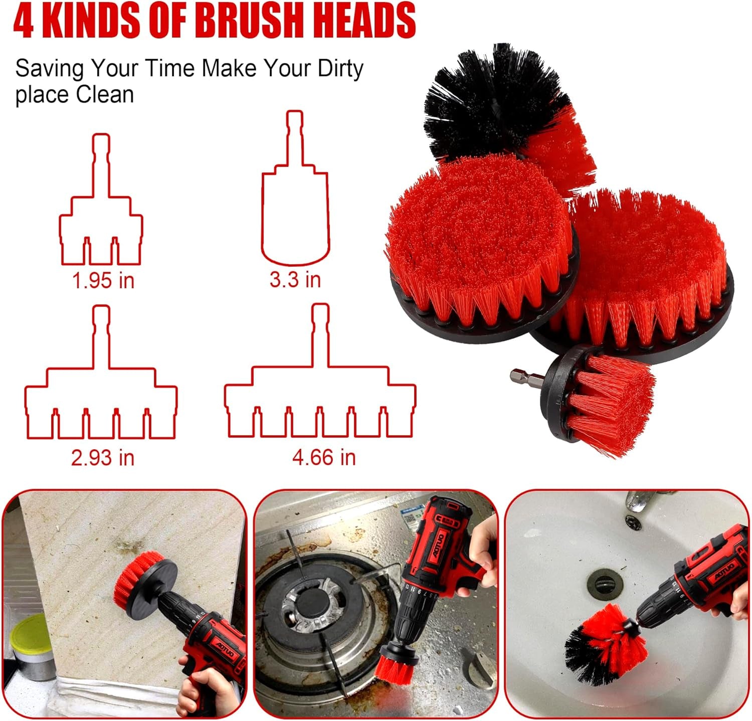 18 PCS Car Cleaning Tools Kit, Car Detailing Brush Set with Driller Attachment Set, Car Wash Kit, Car Cleaning Brushes for Cleaning Interior, Exterior, Wheels, Etc. (Red)